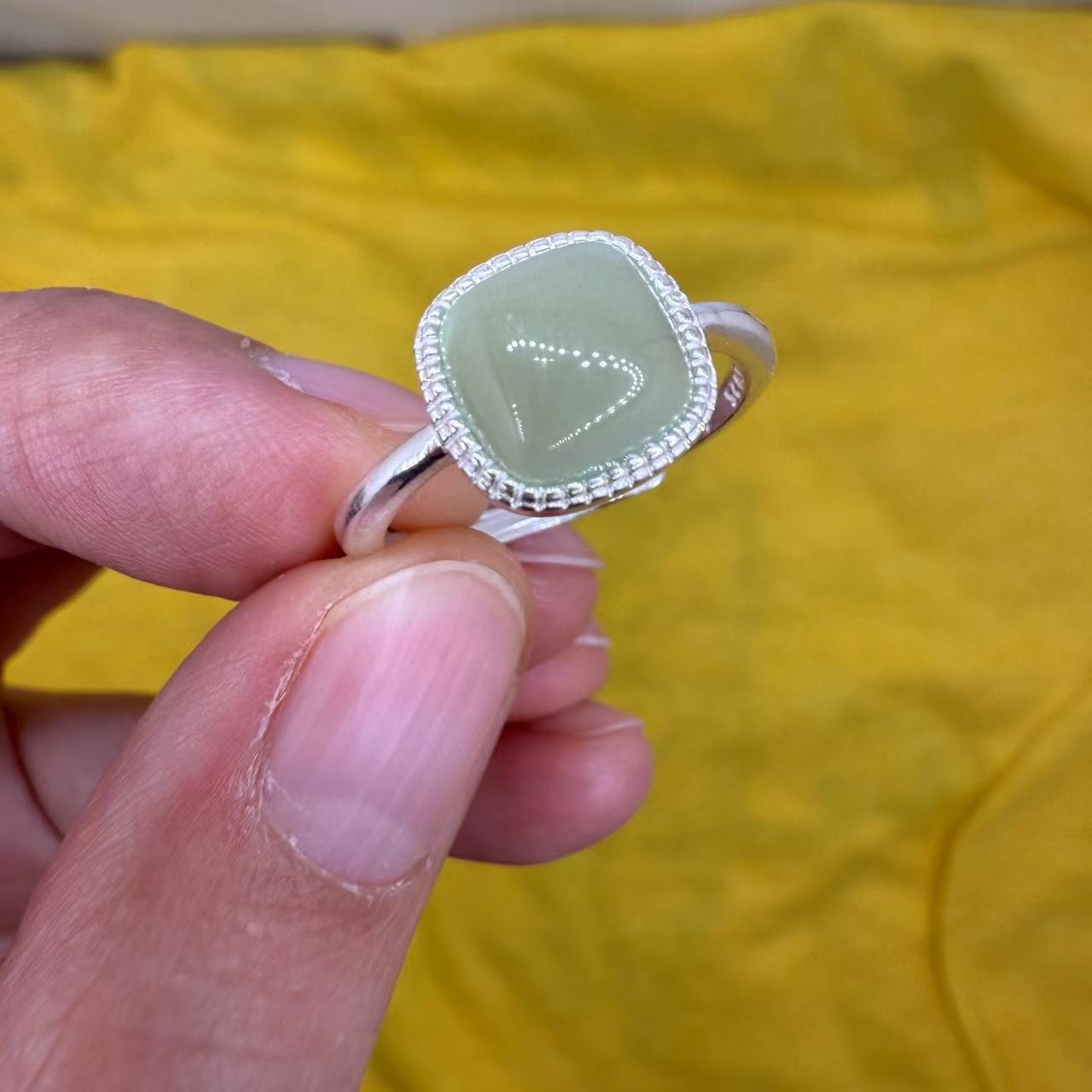 925 Sterling Silver Ring 8mm Square Natural Green Jade Gemstone Women Bridal Engagement Jewelry Gift for Her