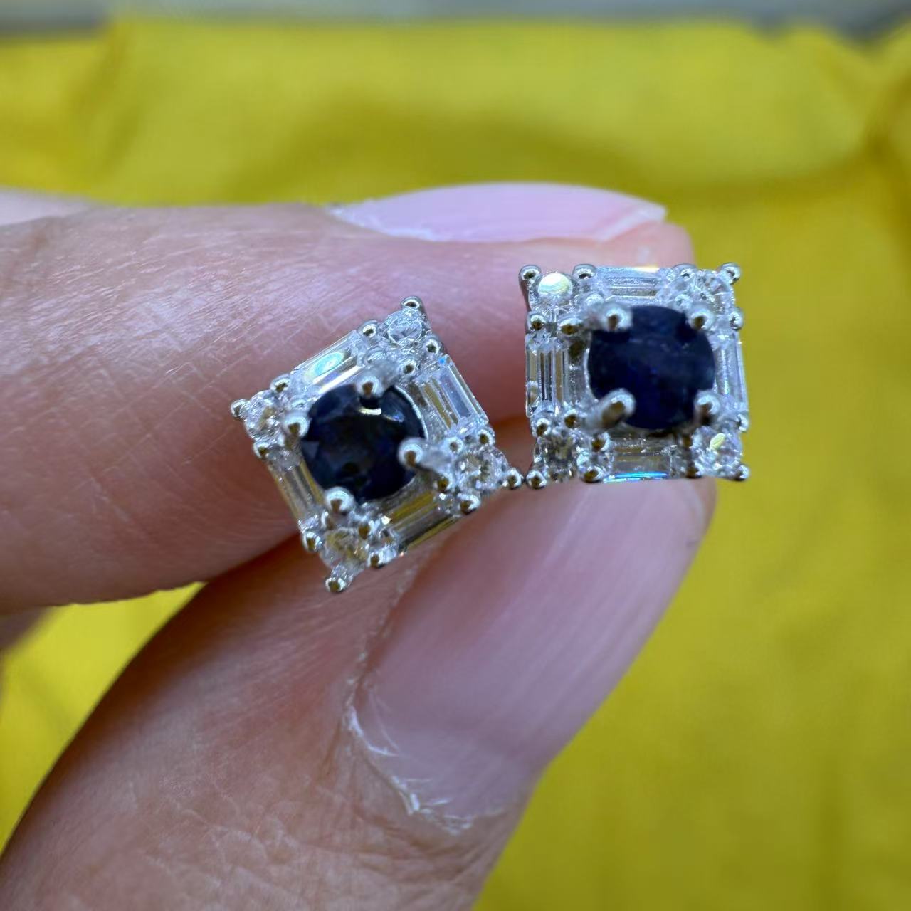 925 Sterling Silver Earrings Cube Stud 3mm Blue Natural Sapphire Gemstone Zircon Women Bridal Engagement Jewelry Gift for Her, Sister, Christmas