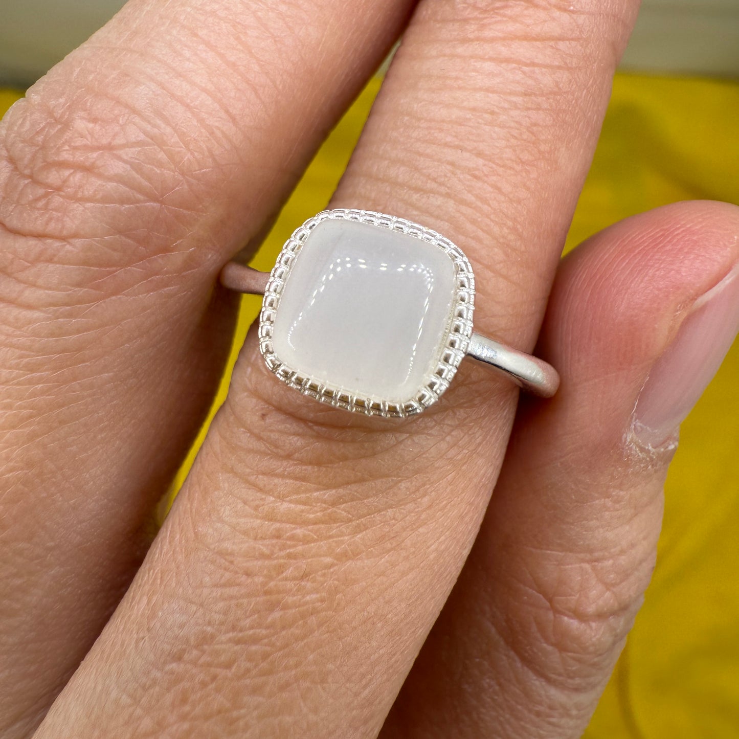 925 Sterling Silver Ring 8mm Square White Natural Nephrite Jade Gemstone Women Bridal Engagement Jewelry Gift for Her