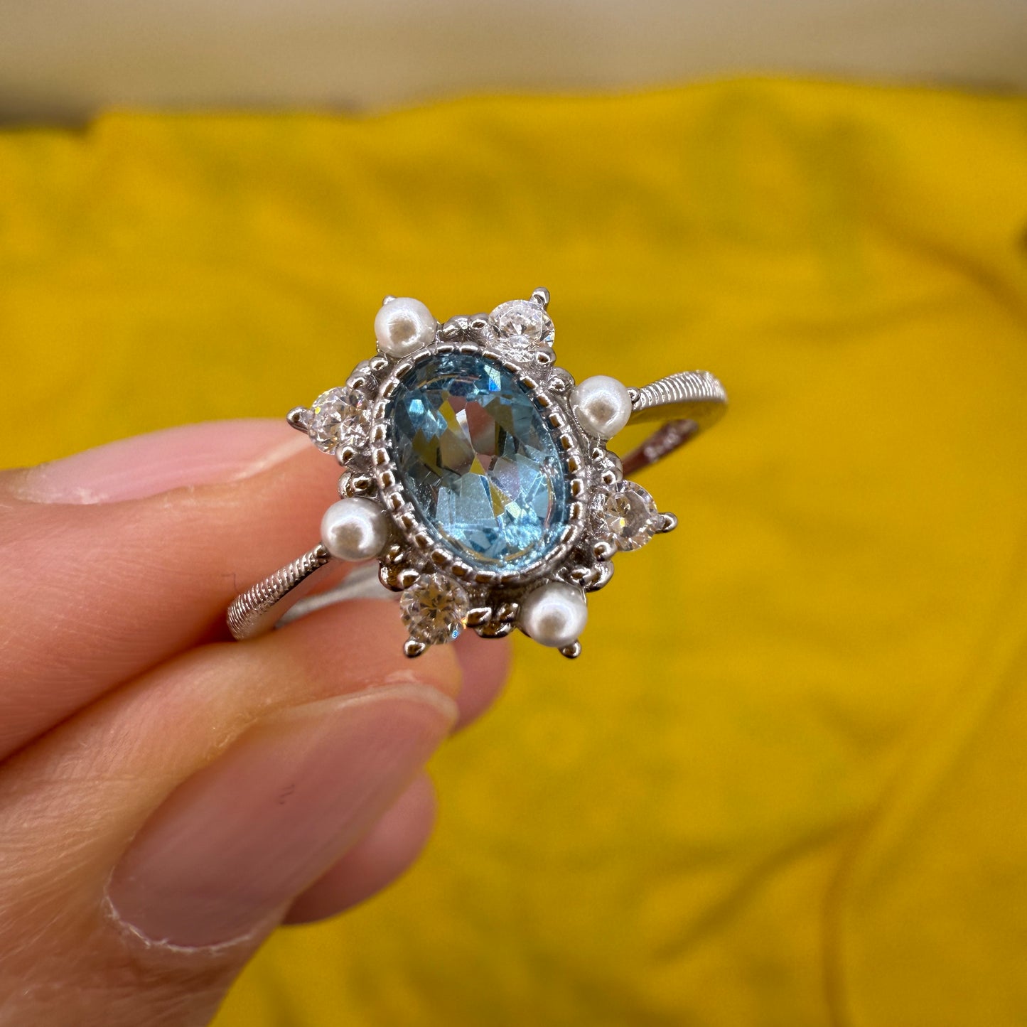 925 Sterling Silver Ring Oval 6x4mm Natural Blue Topaz Gemstone Zircon Pearl Women Bridal Jewelry Gift