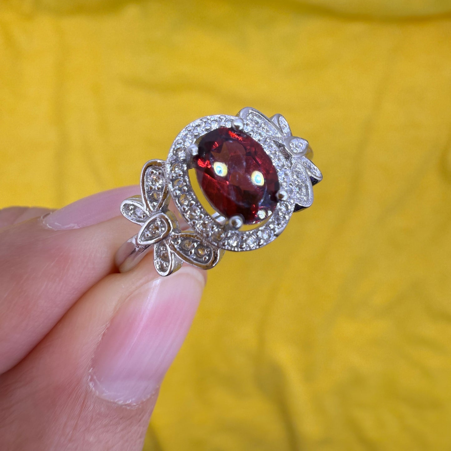 925 Sterling Silver Ring Oval 7x5mm Red Natural Rhodolite Garnet Gemstone Zircon Butterfly Women Bridal Jewelry Gift for Her, Mother