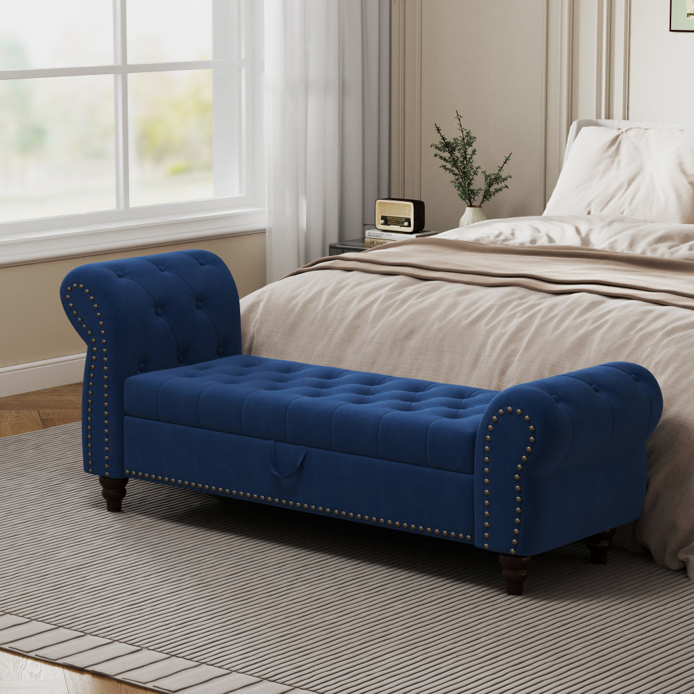 64.5" Luxury Bed Bench for Bedroom Nails Tufted Chaise of Lounge with Storage - Velvet Upholstery Bench for Living Room