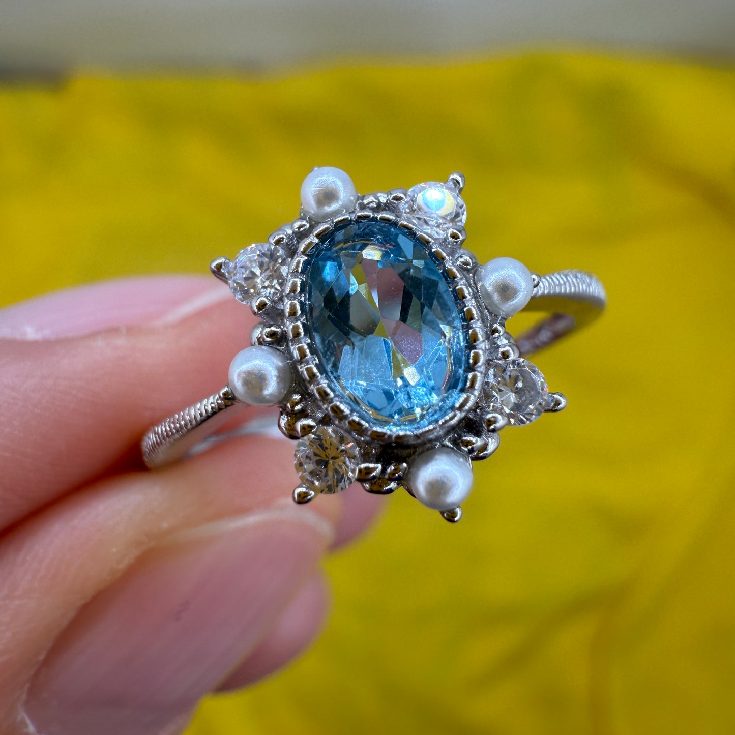 925 Sterling Silver Ring Oval 6x4mm Natural Blue Topaz Gemstone Zircon Pearl Women Bridal Jewelry Gift