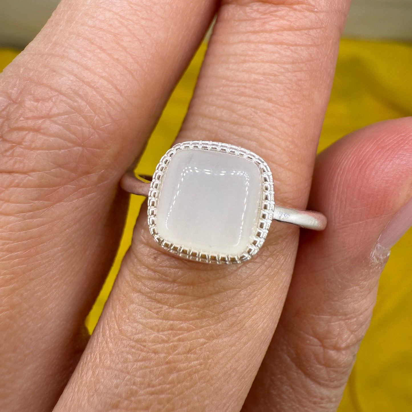 925 Sterling Silver Ring 8mm Square White Natural Nephrite Jade Gemstone Women Bridal Engagement Jewelry Gift for Her