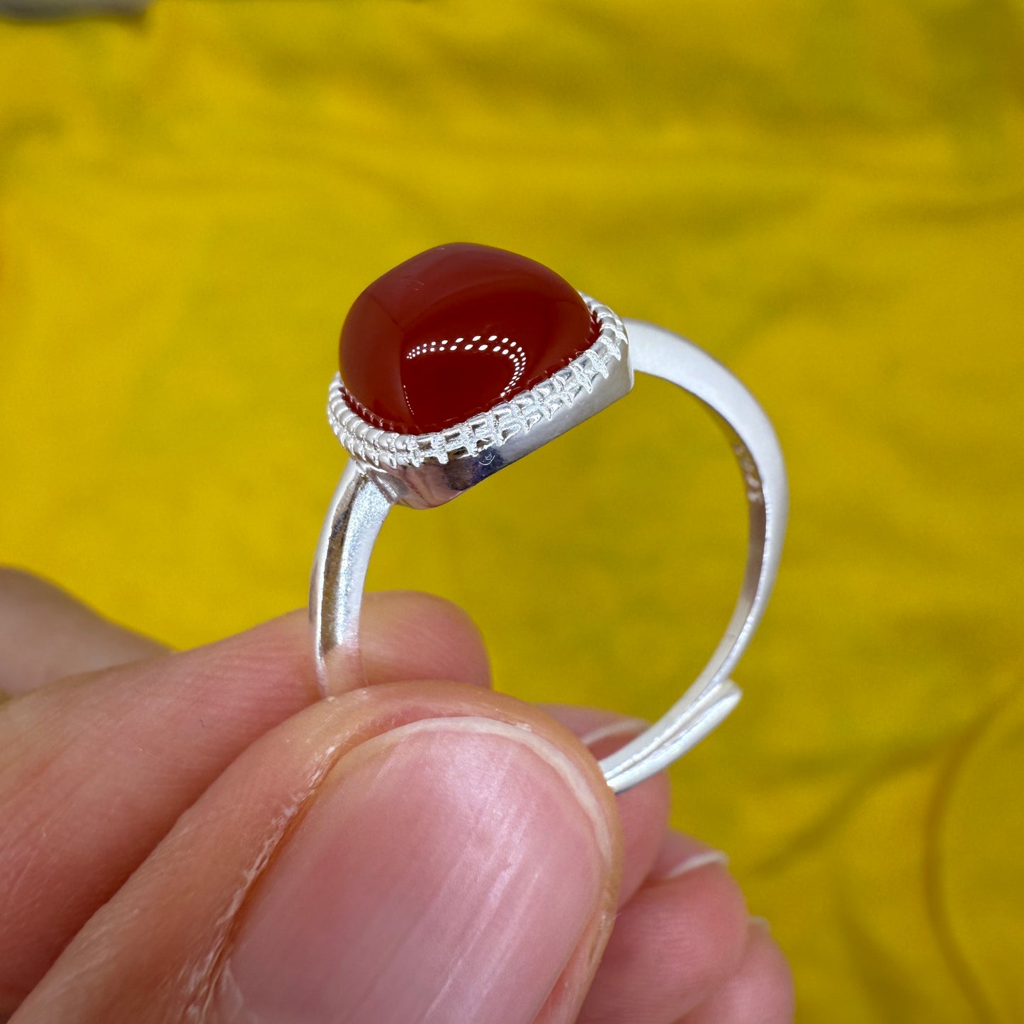 925 Sterling Silver Ring 8mm Square Red Natural Agate Gemstone Women Bridal Jewelry Cute Gift for Her