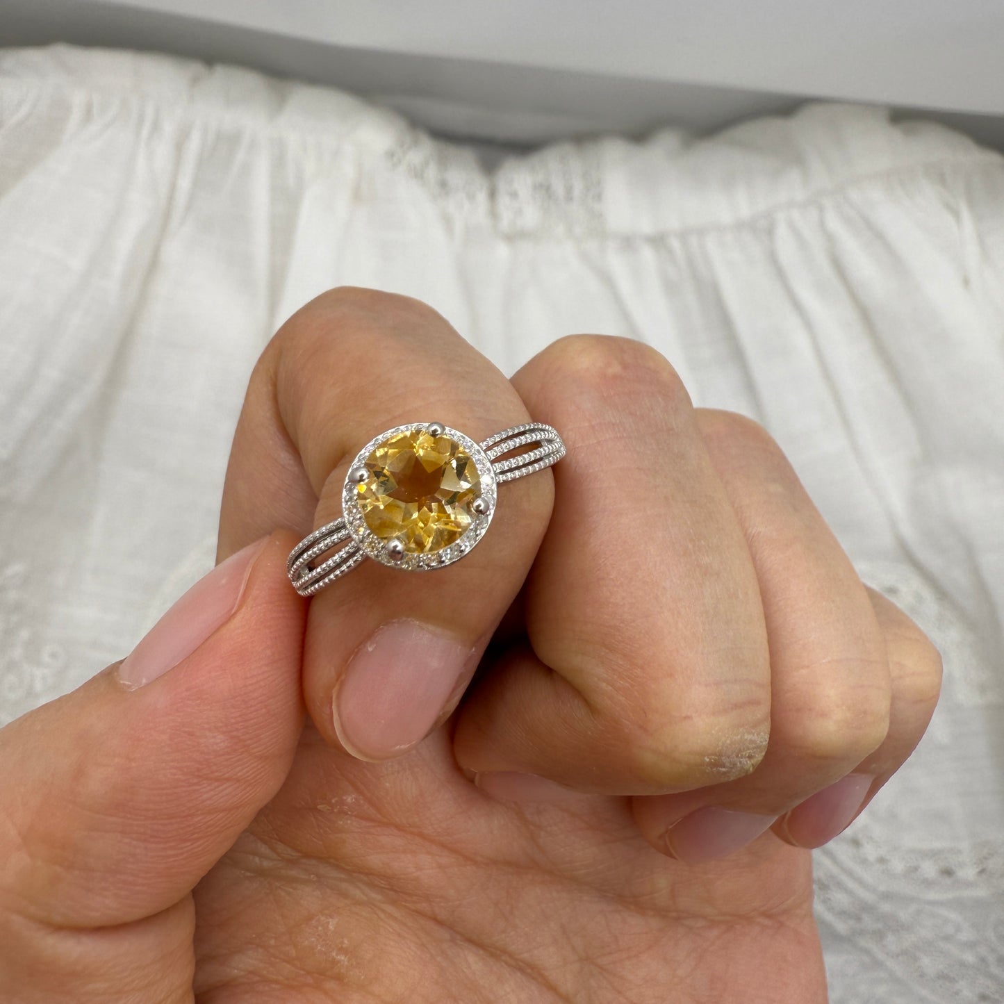 925 Sterling Silver Ring 7mm Yellow Round Natural Citrine Gemstone Zircon Women Bridal Jewelry Gift