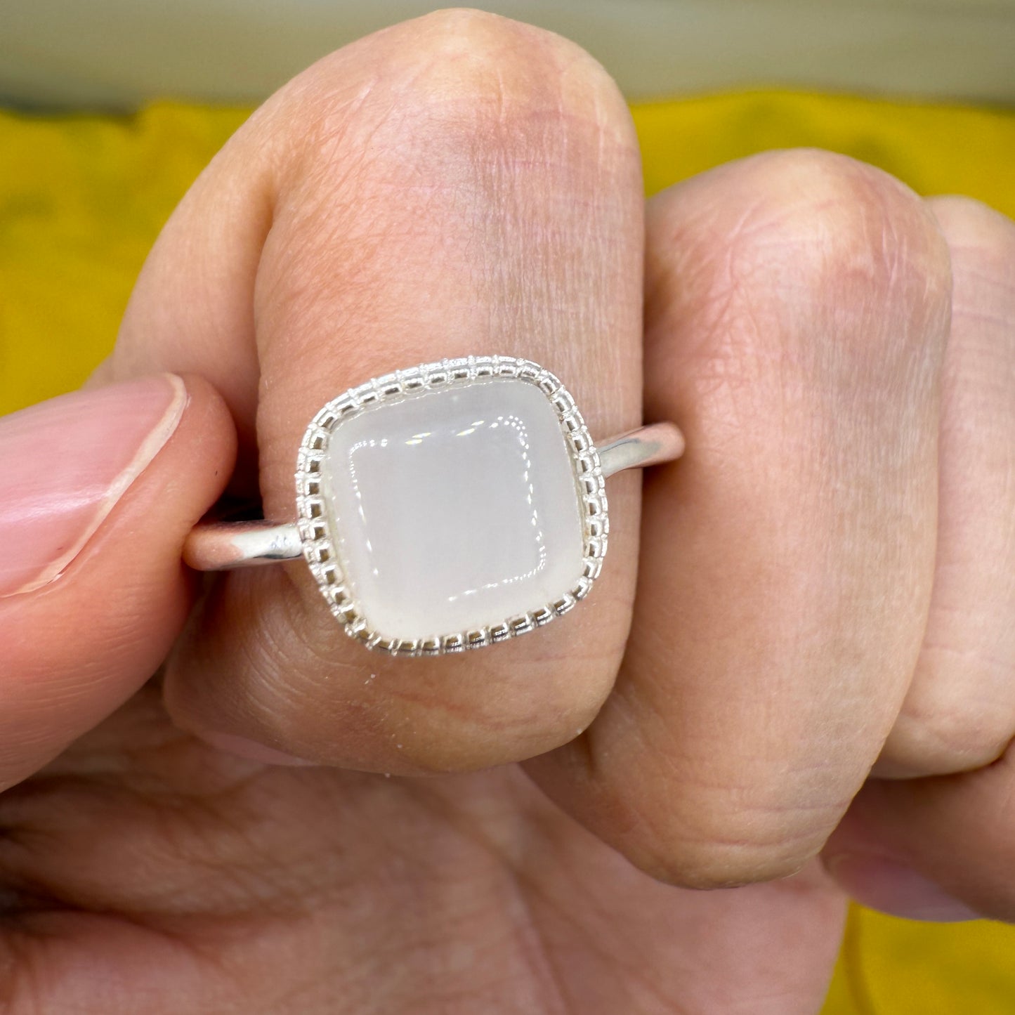 925 Sterling Silver Ring 8mm Square White Natural Nephrite Jade Gemstone Women Bridal Engagement Jewelry Gift for Her