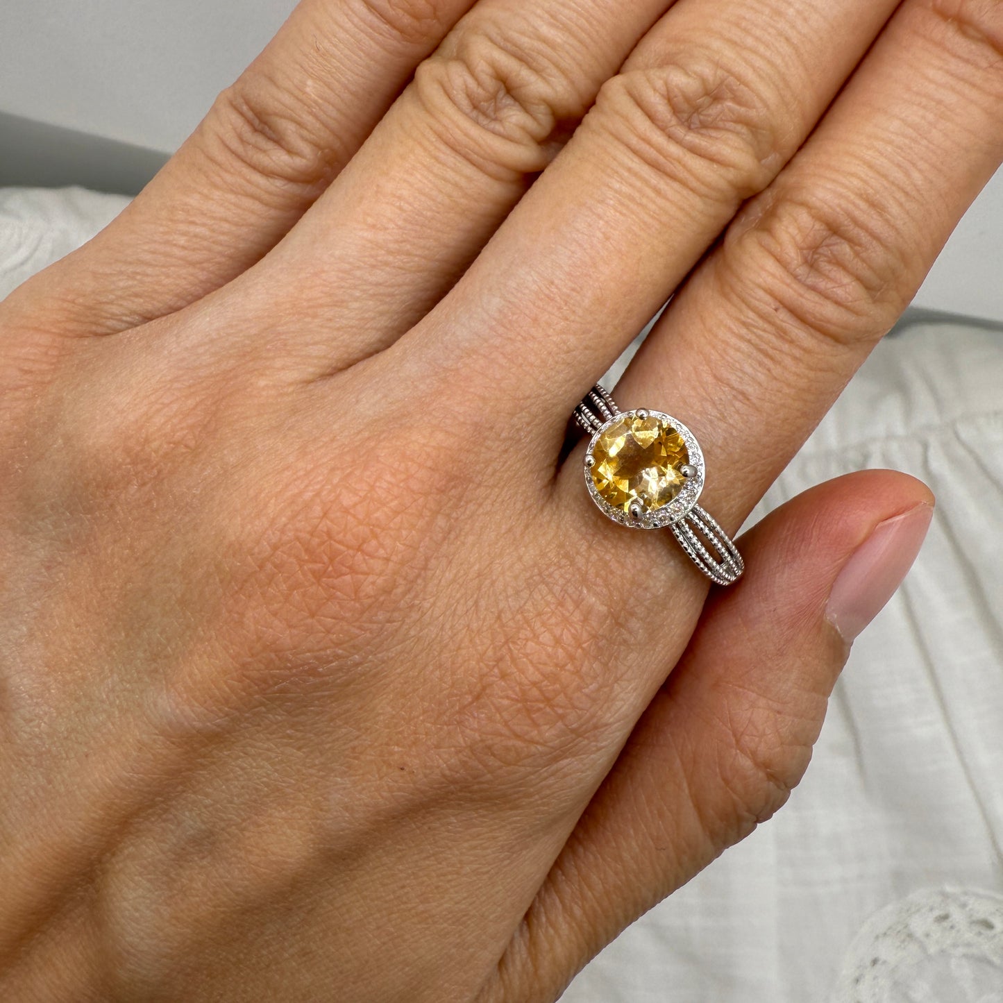 925 Sterling Silver Ring 7mm Yellow Round Natural Citrine Gemstone Zircon Women Bridal Jewelry Gift
