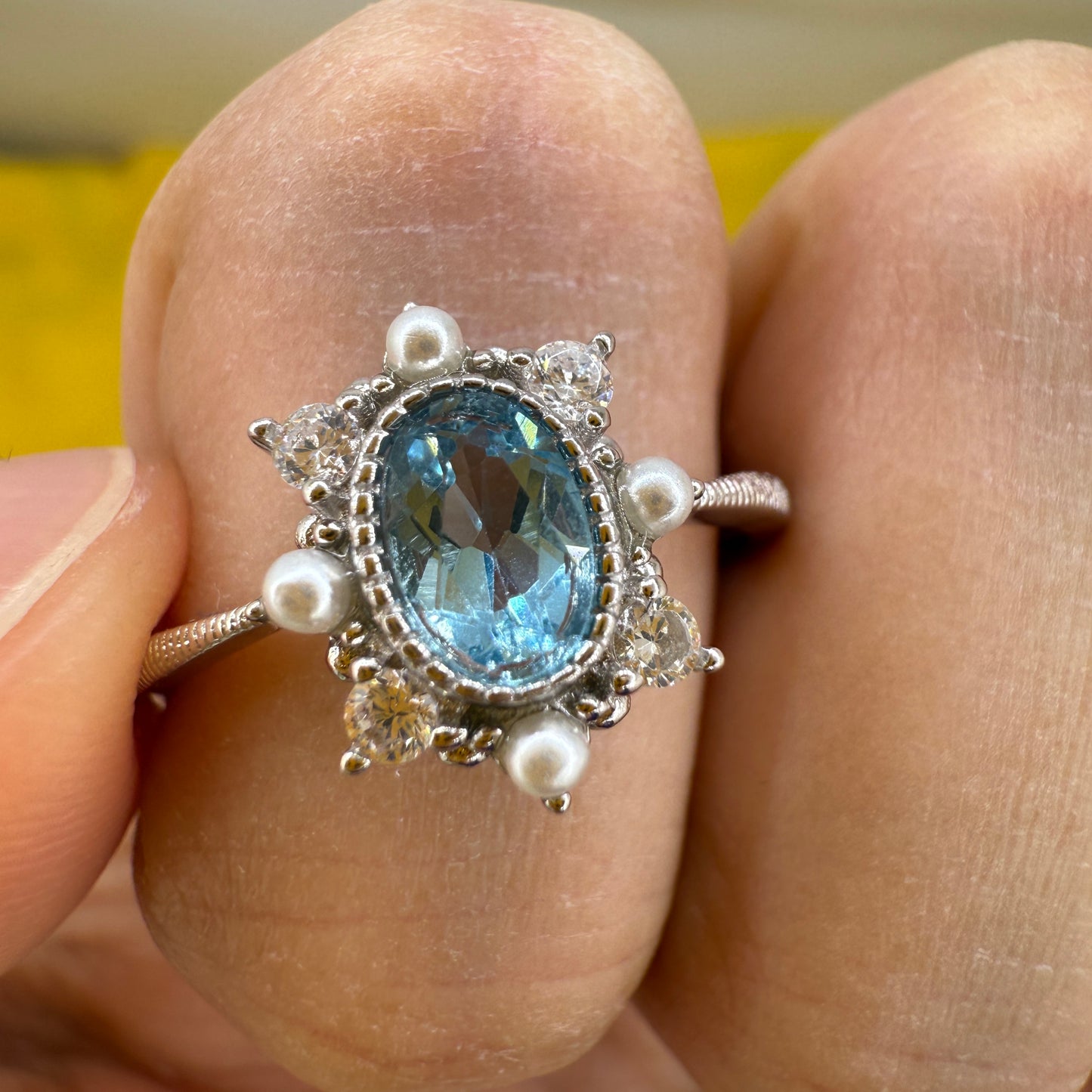 925 Sterling Silver Ring Oval 6x4mm Natural Blue Topaz Gemstone Zircon Pearl Women Bridal Jewelry Gift