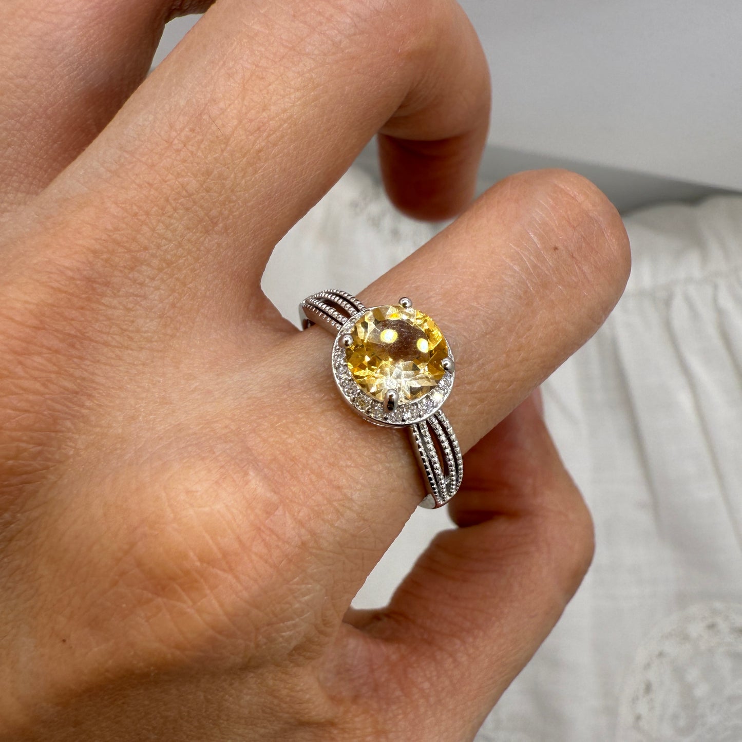 925 Sterling Silver Ring 7mm Yellow Round Natural Citrine Gemstone Zircon Women Bridal Jewelry Gift