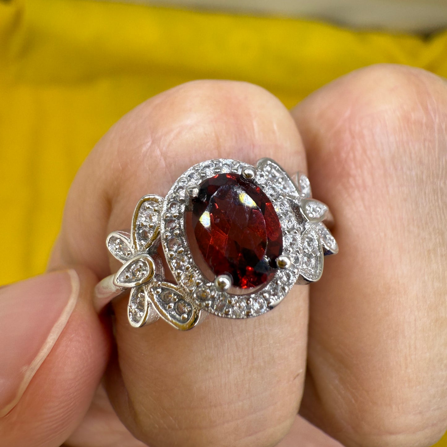 925 Sterling Silver Ring Oval 7x5mm Red Natural Rhodolite Garnet Gemstone Zircon Butterfly Women Bridal Jewelry Gift for Her, Mother