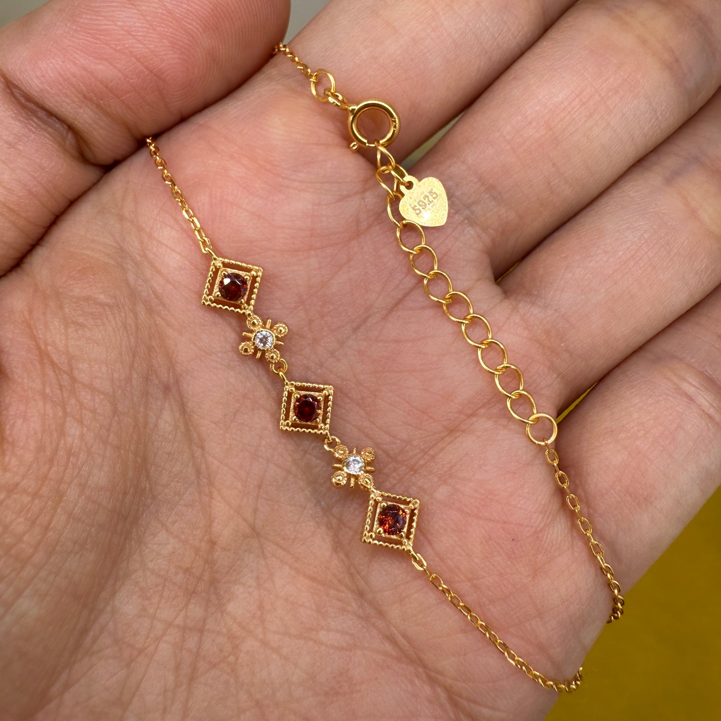 925 Sterling Silver Bracelet 3mm Round Red Natural Zircon Gemstone Golden Chain Jewelry Gift