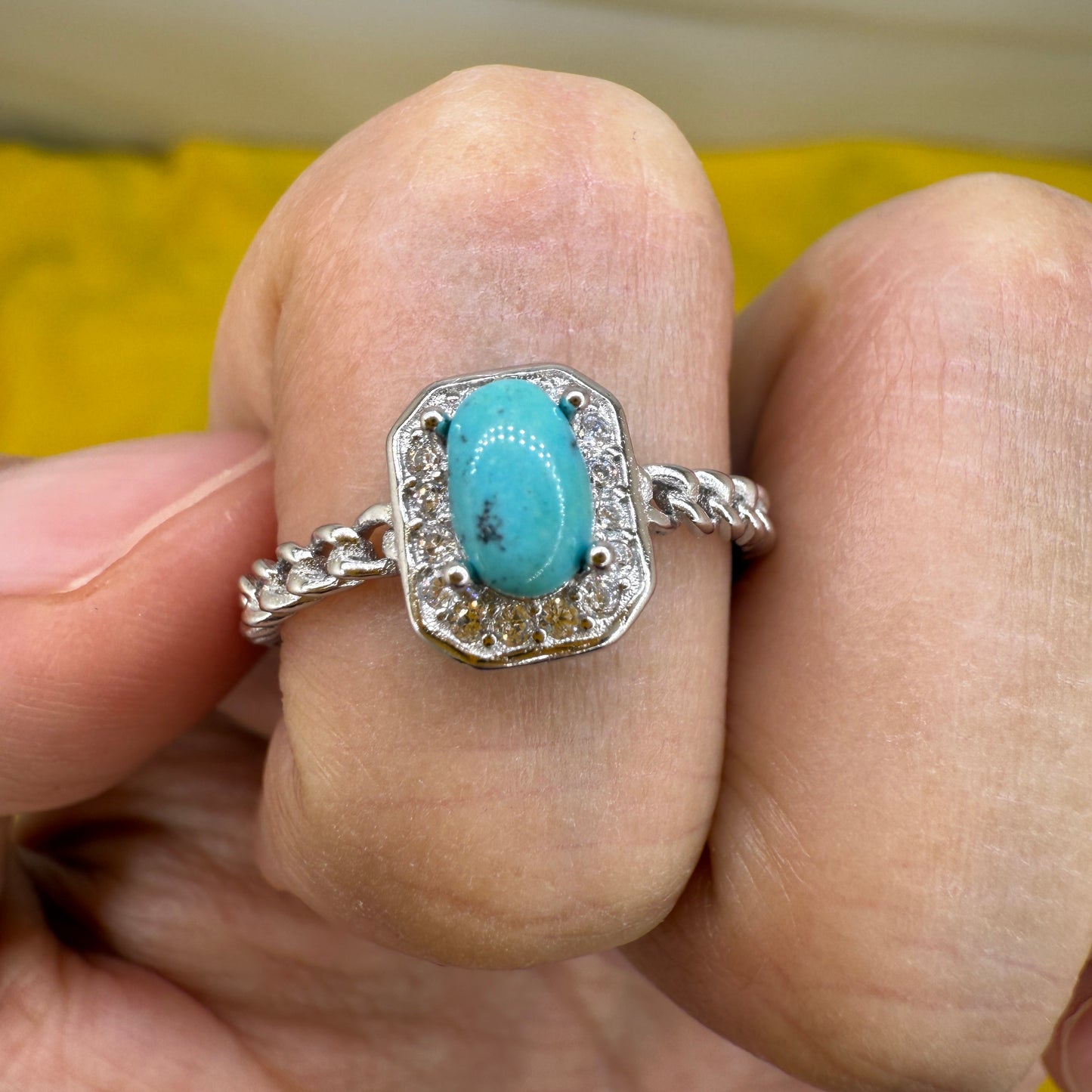 925 Sterling Silver Ring 5x3mm Blue Square Natural Turquoise Gemstone Zircon Women Bridal Jewelry Gift