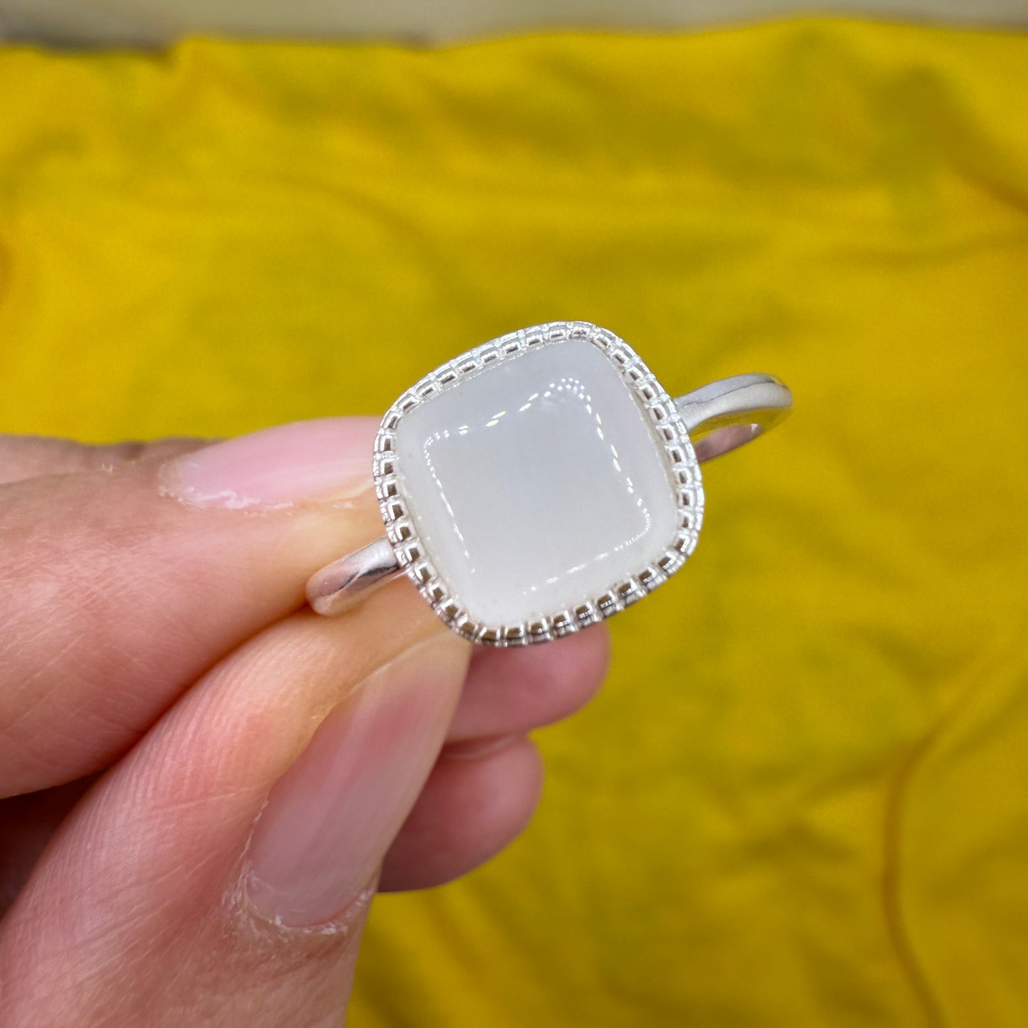 925 Sterling Silver Ring 8mm Square White Natural Nephrite Jade Gemstone Women Bridal Engagement Jewelry Gift for Her