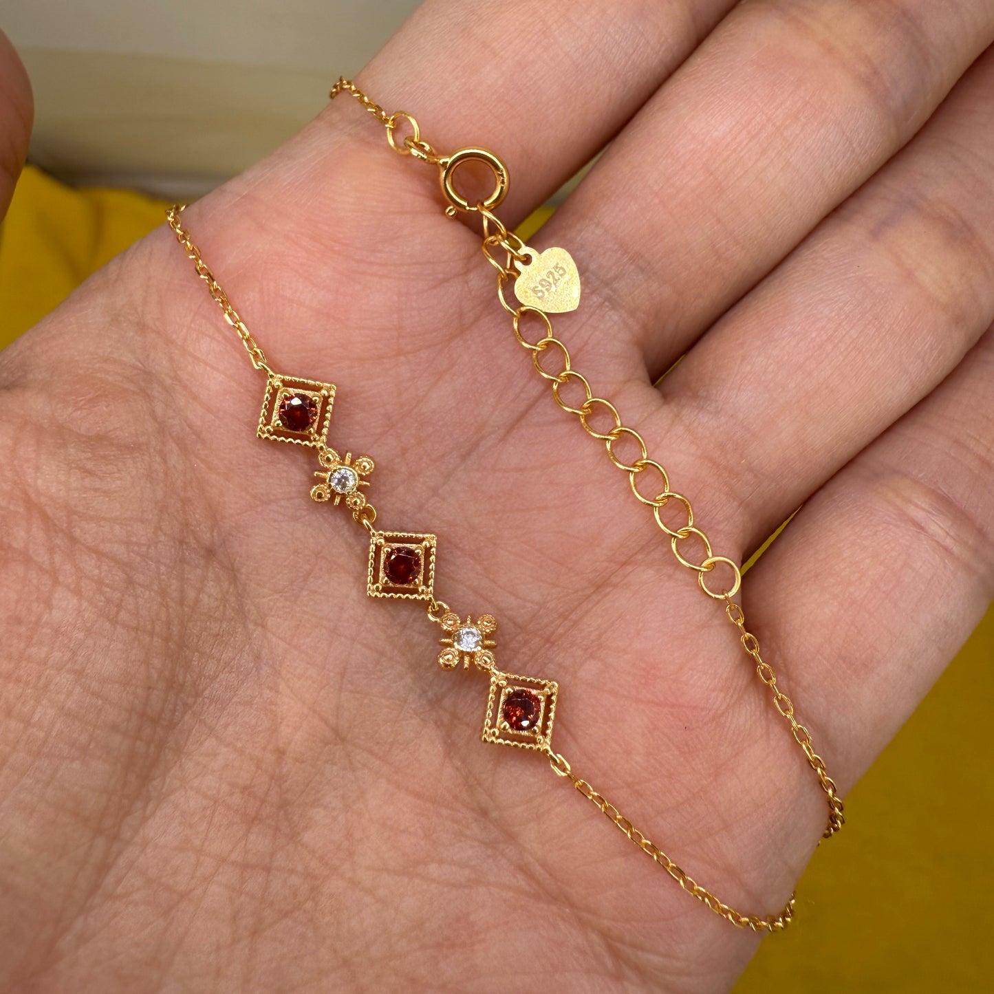 925 Sterling Silver Bracelet 3mm Round Red Natural Zircon Gemstone Golden Chain Jewelry Gift