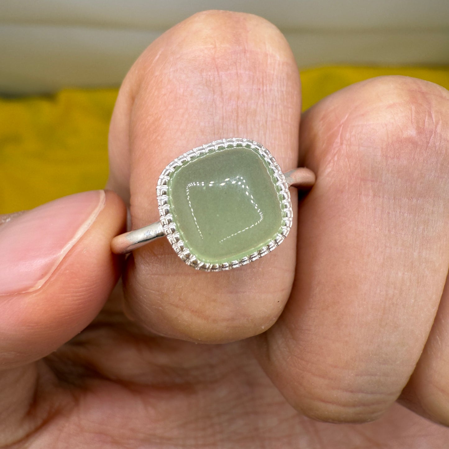 925 Sterling Silver Ring 8mm Square Natural Green Jade Gemstone Women Bridal Engagement Jewelry Gift for Her