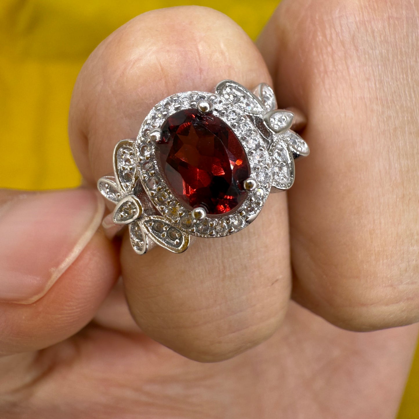 925 Sterling Silver Ring Oval 7x5mm Red Natural Rhodolite Garnet Gemstone Zircon Butterfly Women Bridal Jewelry Gift for Her, Mother
