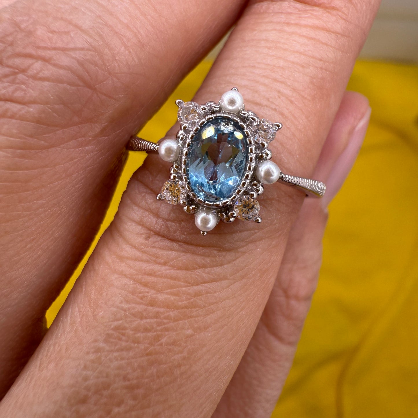 925 Sterling Silver Ring Oval 6x4mm Natural Blue Topaz Gemstone Zircon Pearl Women Bridal Jewelry Gift