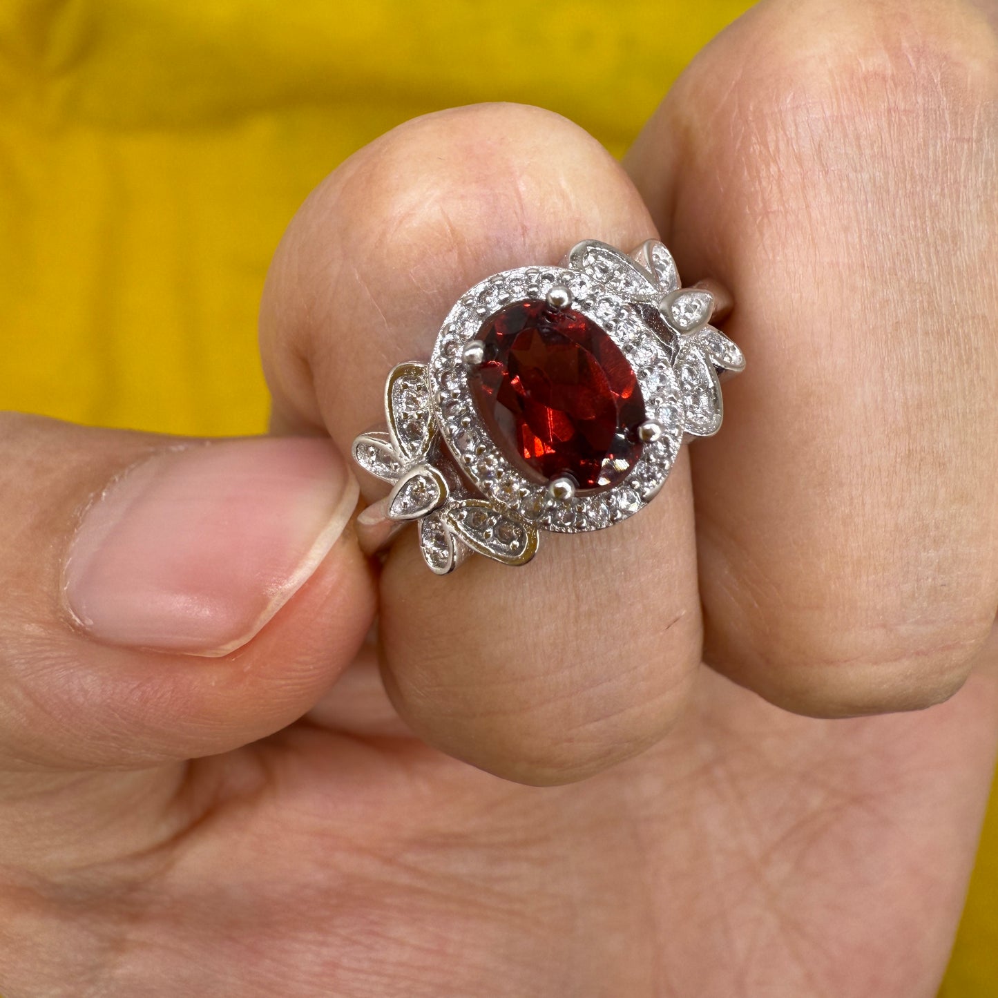 925 Sterling Silver Ring Oval 7x5mm Red Natural Rhodolite Garnet Gemstone Zircon Butterfly Women Bridal Jewelry Gift for Her, Mother