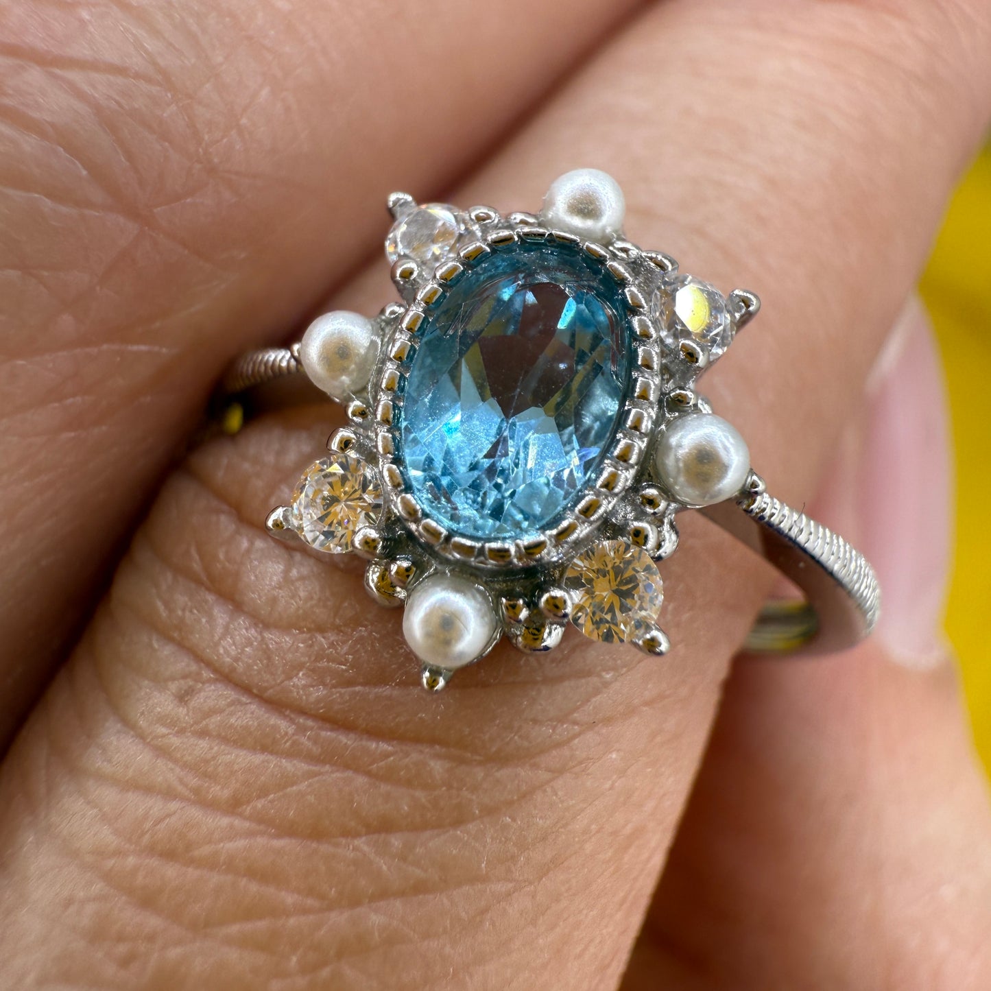 925 Sterling Silver Ring Oval 6x4mm Natural Blue Topaz Gemstone Zircon Pearl Women Bridal Jewelry Gift