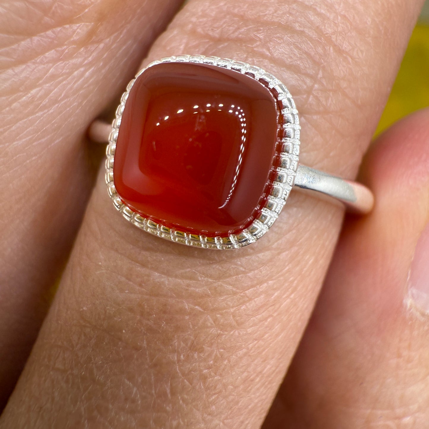 925 Sterling Silver Ring 8mm Square Red Natural Agate Gemstone Women Bridal Jewelry Cute Gift for Her
