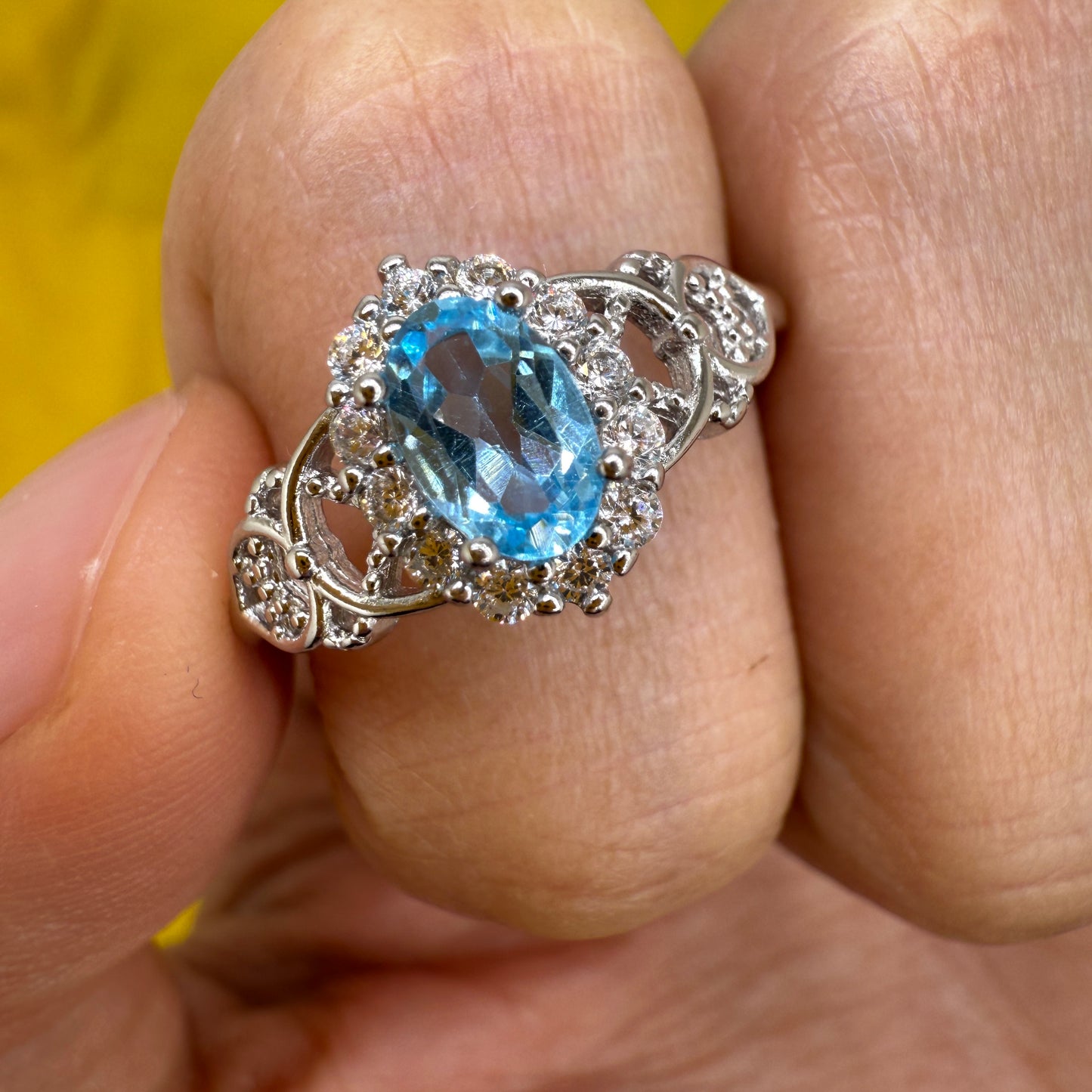 925 Sterling Silver Ring Oval 6x4mm Natural Blue Topaz Gemstone Zircon Women Bridal Engagement Jewelry Gift for Her