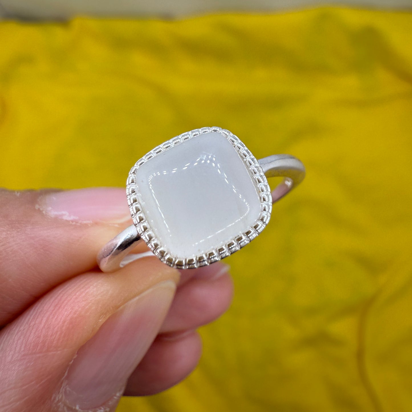 925 Sterling Silver Ring 8mm Square White Natural Nephrite Jade Gemstone Women Bridal Engagement Jewelry Gift for Her