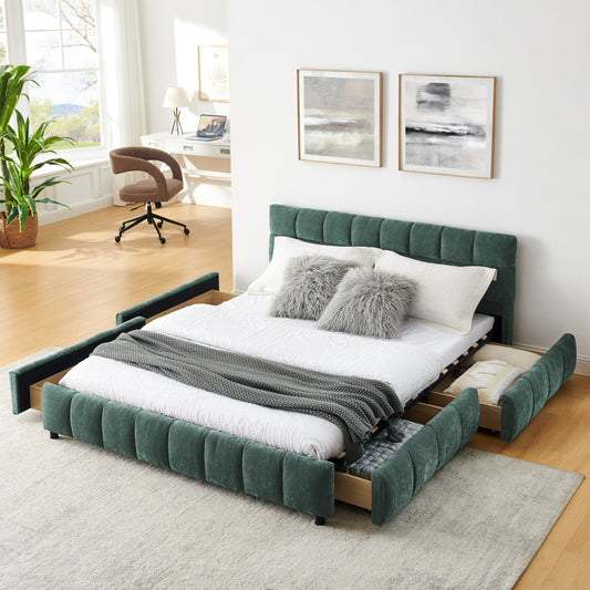 Queen Size Upholstered Bed Frame - Comfortable Chenille Fabric with Headboard Solid Bed Frame - with Drawer Storage
