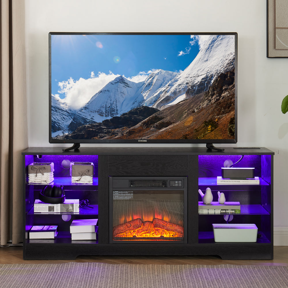 58" TV Stand with Electric Fireplace & Glass Shelves - 3D Fireplace TV Stand with LED Lights & USB Charging Outlet - Modern Television Table Center for TV up to 62" for Living Room