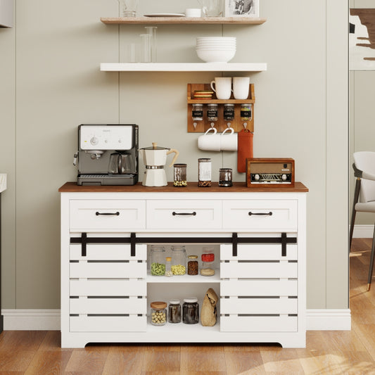 53" Farmhouse Sideboard Buffet Storage Cabinet with 3 Drawers - 2 Sliding Barn Doors & 2 Adjustable Shelves - Coffee Bar Cabinet for Kitchen & Living Room & Dining Room