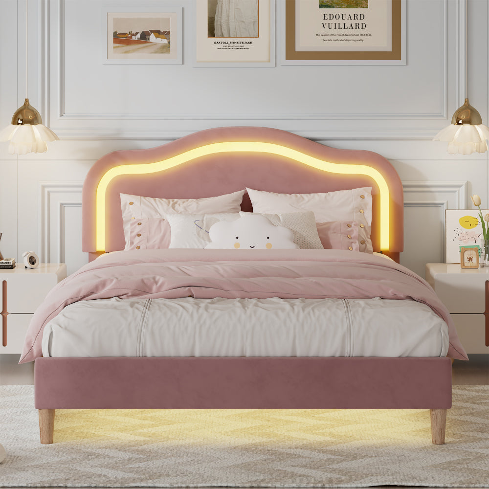 Queen Size Velvet Upholstered Smart LED Bed Frame with Adjustable Height Headboard - No Box Spring Needed - Easy Assembly