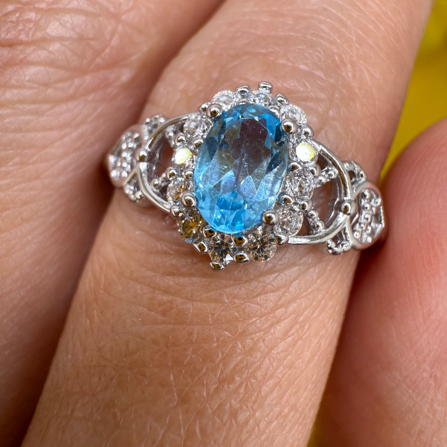 925 Sterling Silver Ring Oval 6x4mm Natural Blue Topaz Gemstone Zircon Women Bridal Engagement Jewelry Gift for Her