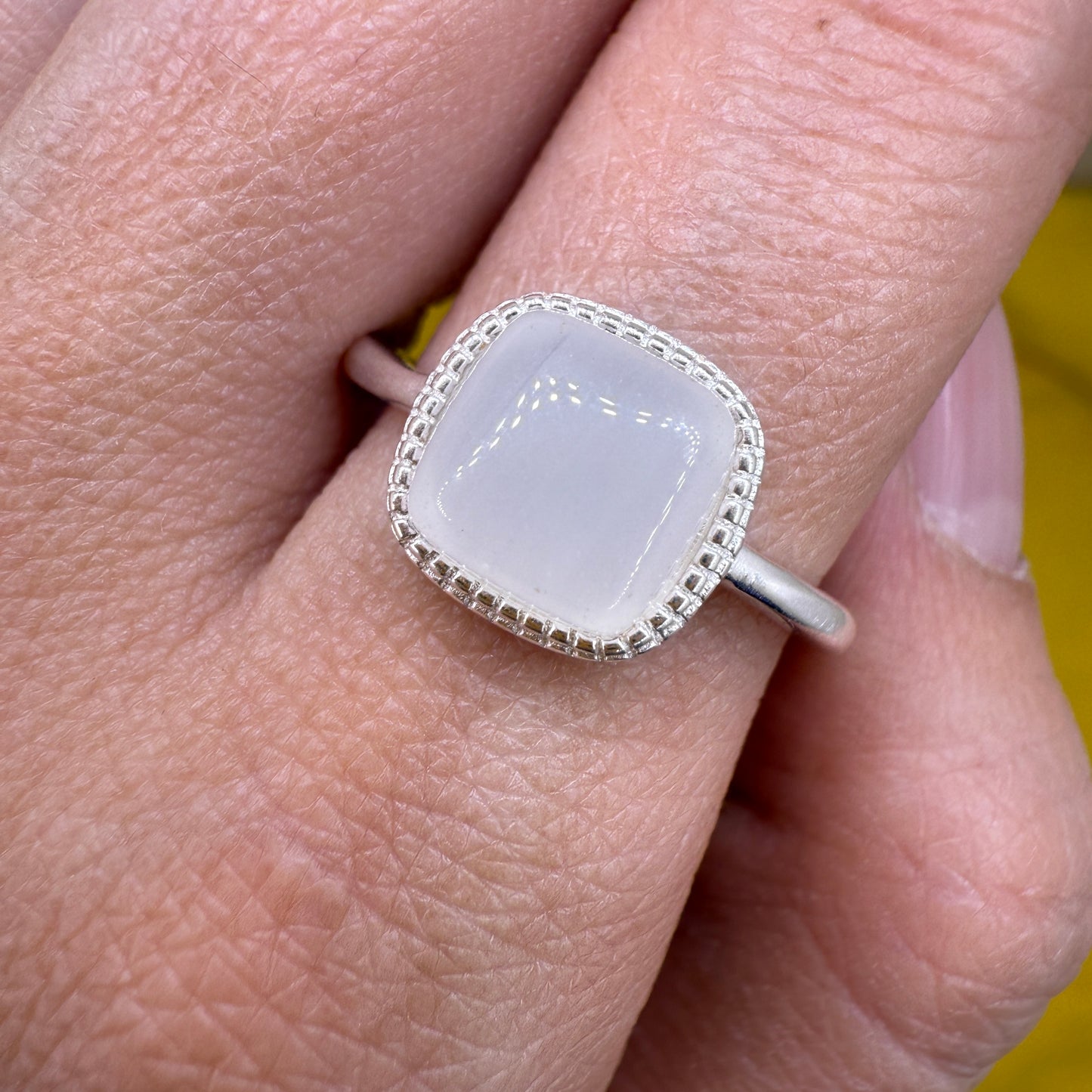 925 Sterling Silver Ring 8mm Square White Natural Nephrite Jade Gemstone Women Bridal Engagement Jewelry Gift for Her