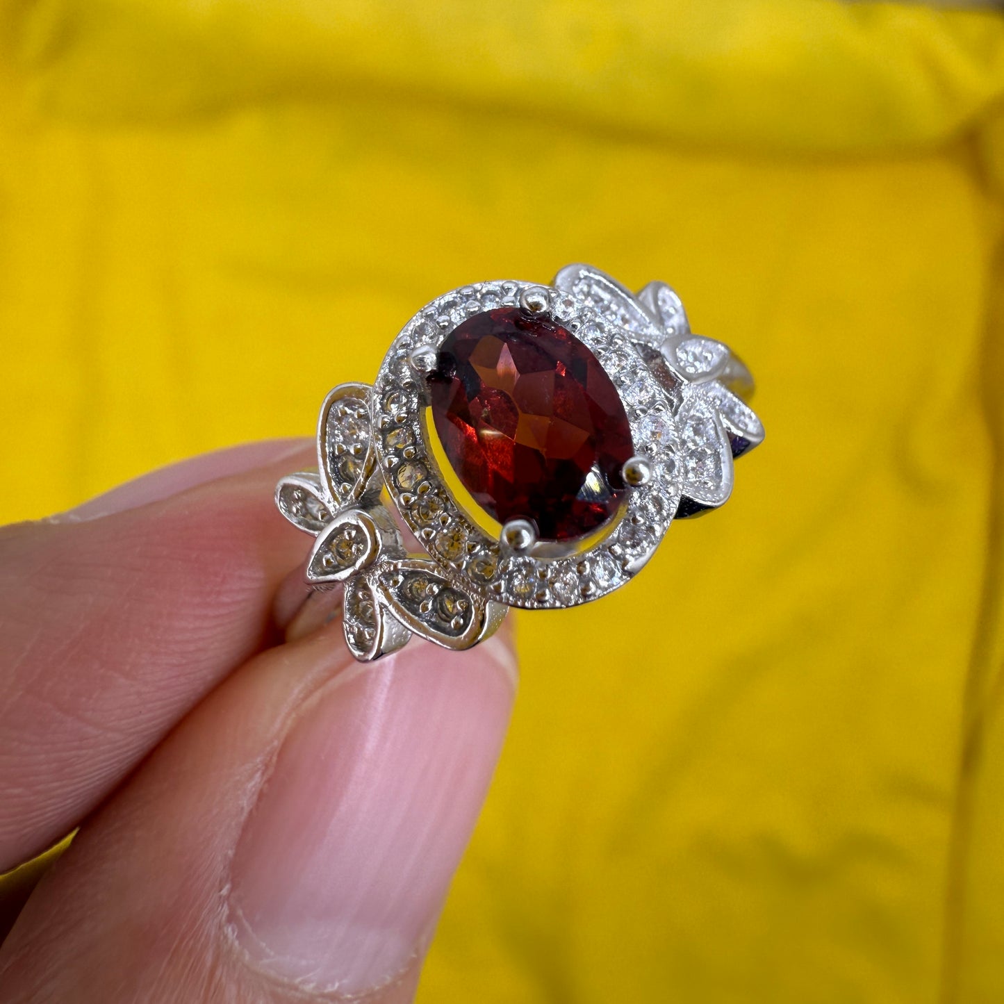 925 Sterling Silver Ring Oval 7x5mm Red Natural Rhodolite Garnet Gemstone Zircon Butterfly Women Bridal Jewelry Gift for Her, Mother