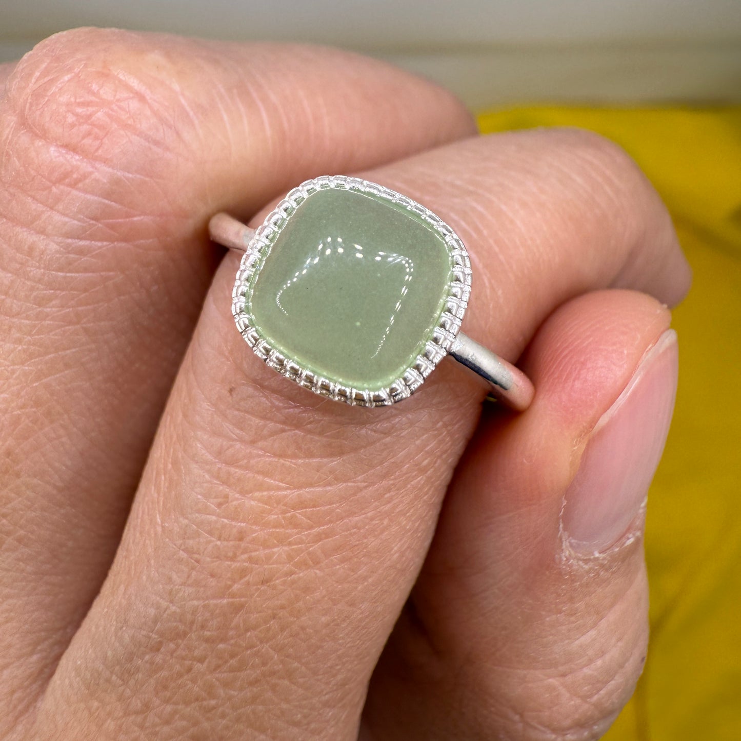 925 Sterling Silver Ring 8mm Square Natural Green Jade Gemstone Women Bridal Engagement Jewelry Gift for Her