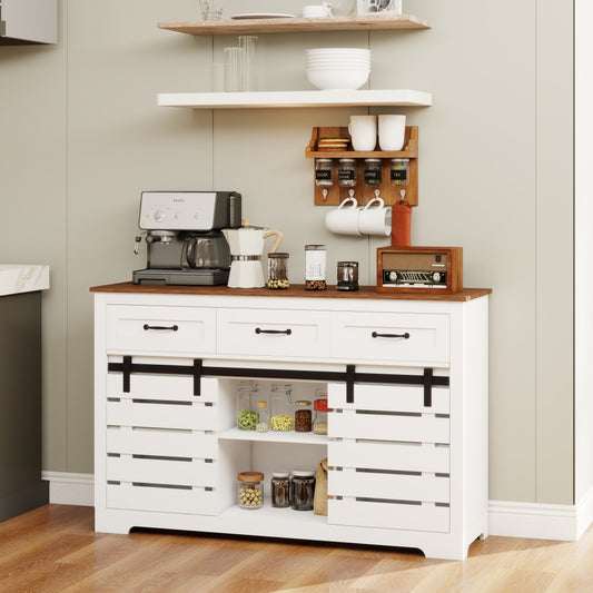 53" Farmhouse Sideboard Buffet Storage Cabinet with 3 Drawers - 2 Sliding Barn Doors & 2 Adjustable Shelves - Coffee Bar Cabinet for Kitchen & Living Room & Dining Room