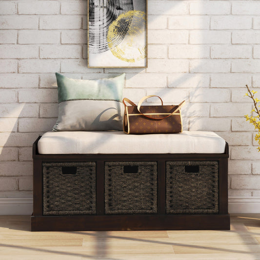 43" Rustic Storage Bench with 3 Removable Classic Rattan Basket Drawers - Entryway Bench with Removable Cushion for Living Room