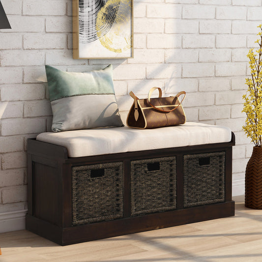 43" Rustic Storage Bench with 3 Removable Classic Rattan Basket Drawers - Entryway Bench with Removable Cushion for Living Room