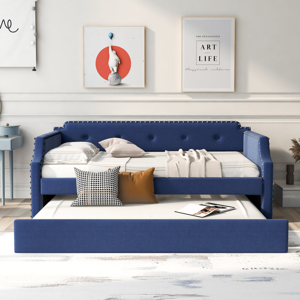 Twin Size Upholstered Daybed with Trundle - Wood Slat Support with Headboard and Armrest - Sofa Bed Frame for Living Room & Guest Room & Home Office
