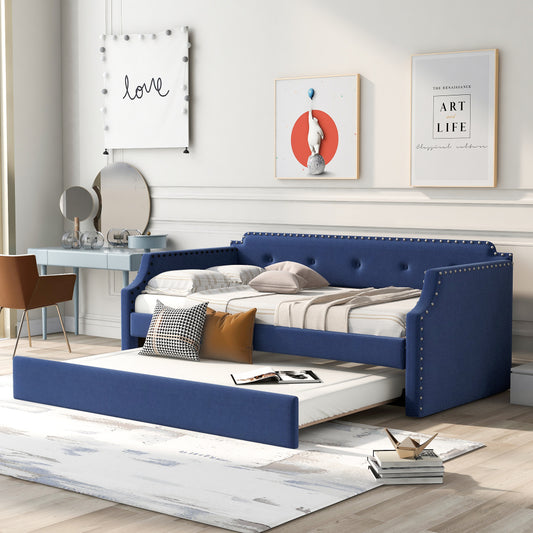 Twin Size Upholstered Daybed with Trundle - Wood Slat Support with Headboard and Armrest - Sofa Bed Frame for Living Room & Guest Room & Home Office