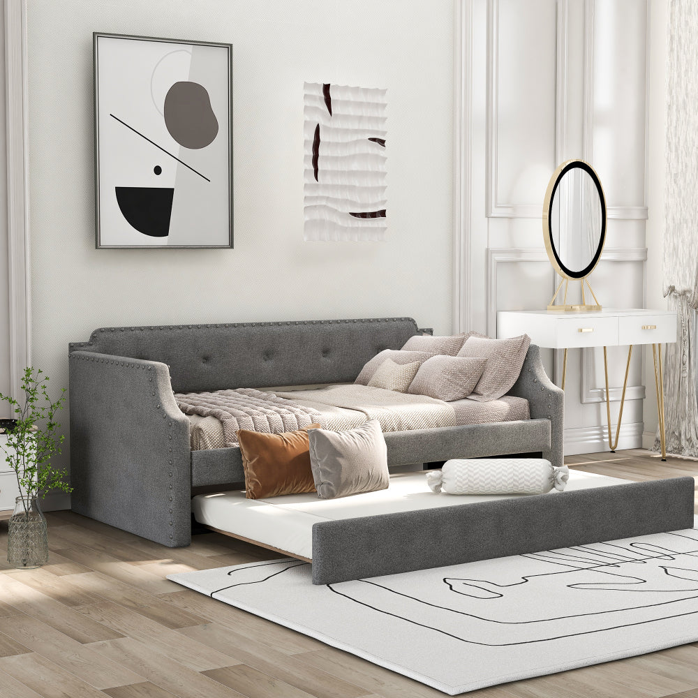 Twin Size Upholstered Daybed with Trundle - Wood Slat Support with Headboard and Armrest - Sofa Bed Frame for Living Room & Guest Room & Home Office