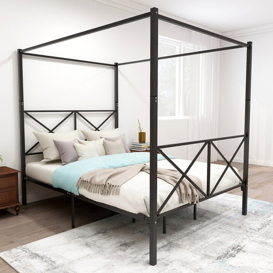 Queen Size Metal Canopy Bed Frame - Platform Bed Frame with 4 Posters in Black - Built-in Headboard Strong Metal Slat Mattress Support