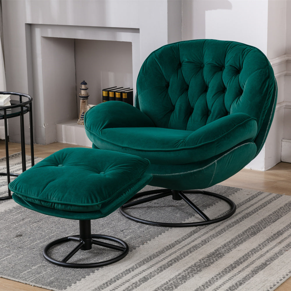 Swivel Accent Chair with Ottoman Set - Modern Lounge Chair with Footrest - Upholstered Oversized Armchair with 360 Degree Metal Base for Living Room & Bedroom