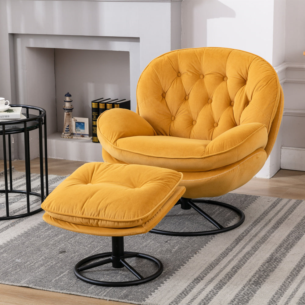 Swivel Accent Chair with Ottoman Set - Modern Lounge Chair with Footrest - Upholstered Oversized Armchair with 360 Degree Metal Base for Living Room & Bedroom