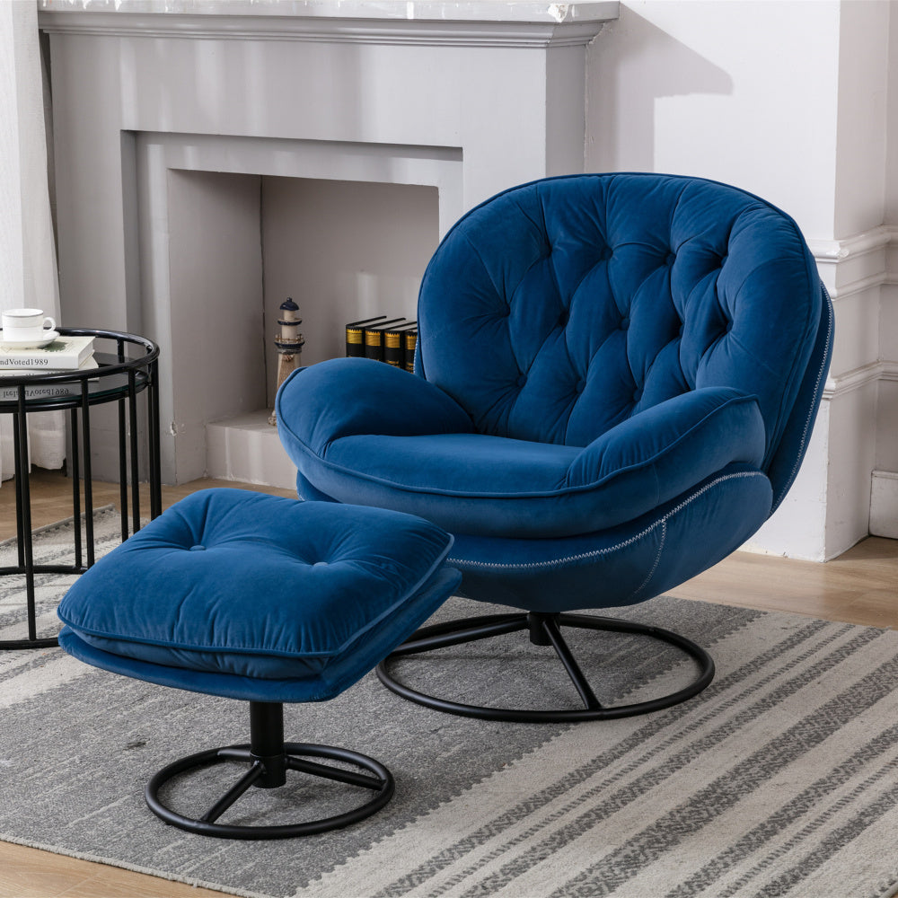 Swivel Accent Chair with Ottoman Set - Modern Lounge Chair with Footrest - Upholstered Oversized Armchair with 360 Degree Metal Base for Living Room & Bedroom