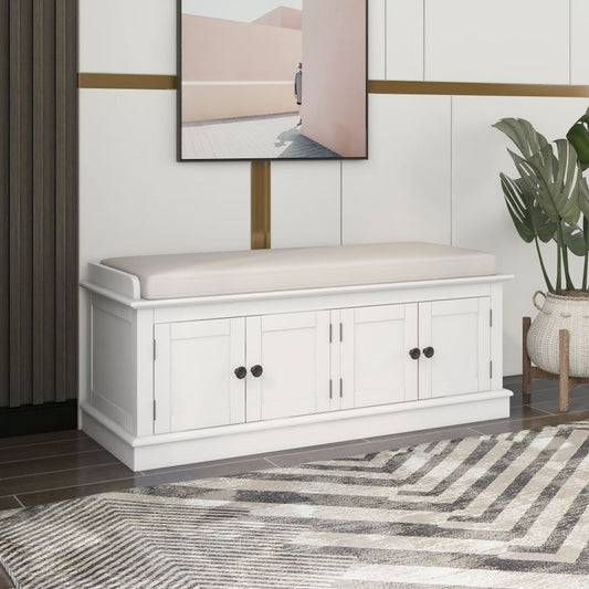 42" Storage Bench with 4 Doors and Adjustable Shelves - Shoe Bench with Removable Cushion & Storage for Living Room & Entryway