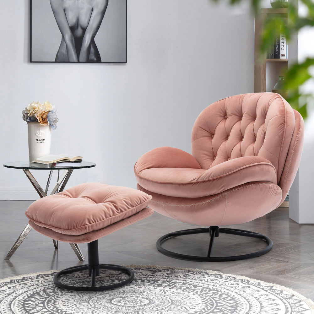 Swivel Accent Chair with Ottoman Set - Modern Lounge Chair with Footrest - Upholstered Oversized Armchair with 360 Degree Metal Base for Living Room & Bedroom