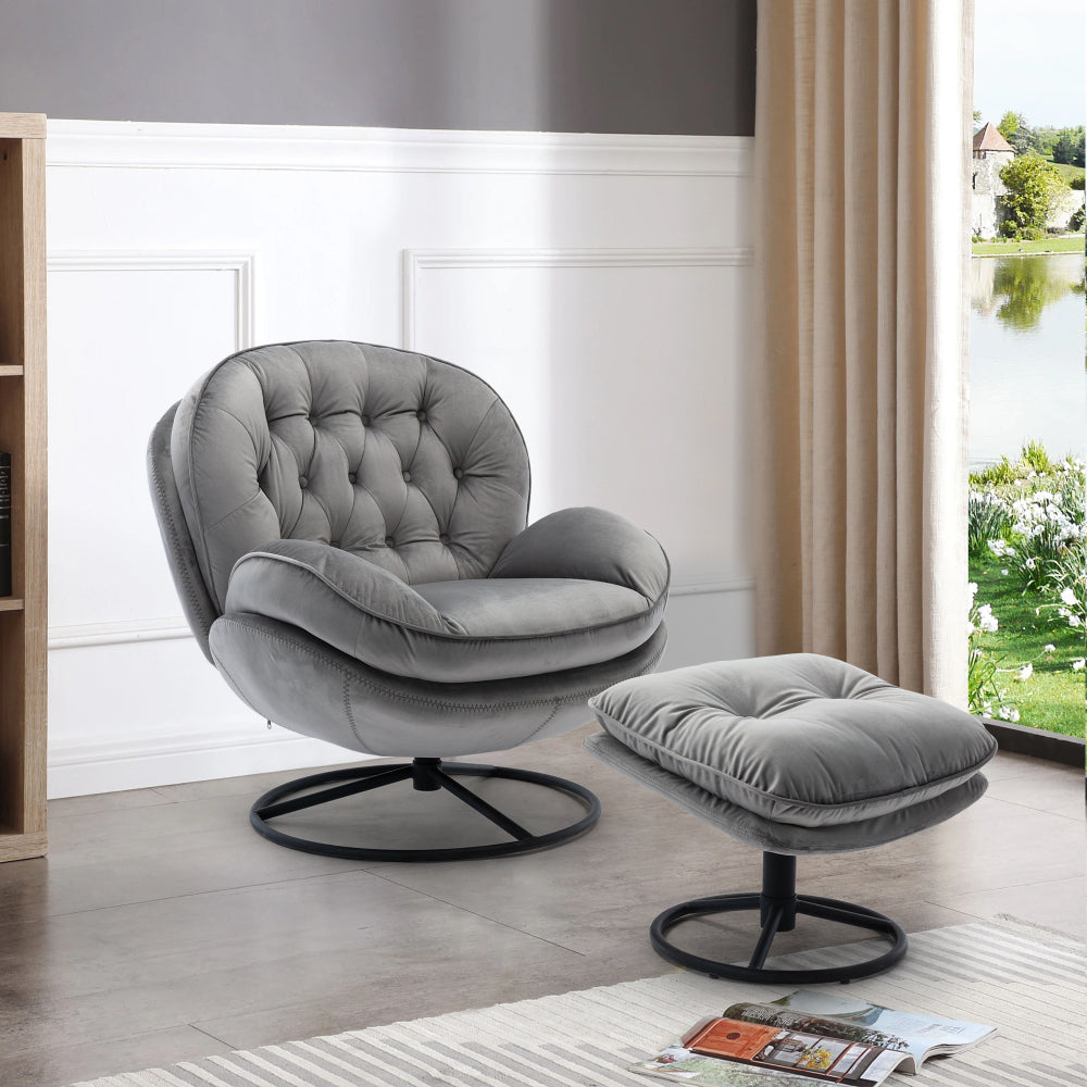 Swivel Accent Chair with Ottoman Set - Modern Lounge Chair with Footrest - Upholstered Oversized Armchair with 360 Degree Metal Base for Living Room & Bedroom