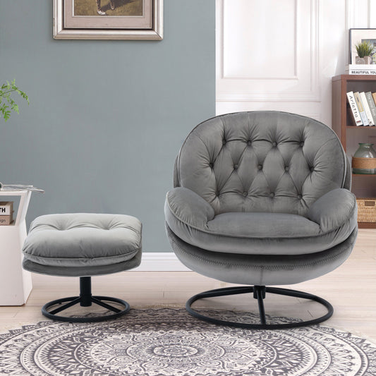 Swivel Accent Chair with Ottoman Set - Modern Lounge Chair with Footrest - Upholstered Oversized Armchair with 360 Degree Metal Base for Living Room & Bedroom