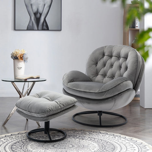 Swivel Accent Chair with Ottoman Set - Modern Lounge Chair with Footrest - Upholstered Oversized Armchair with 360 Degree Metal Base for Living Room & Bedroom